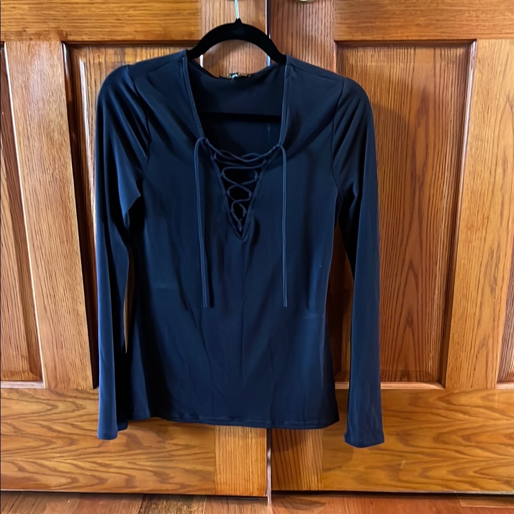 Blue Tie Front Blouse with Long Sleeves
